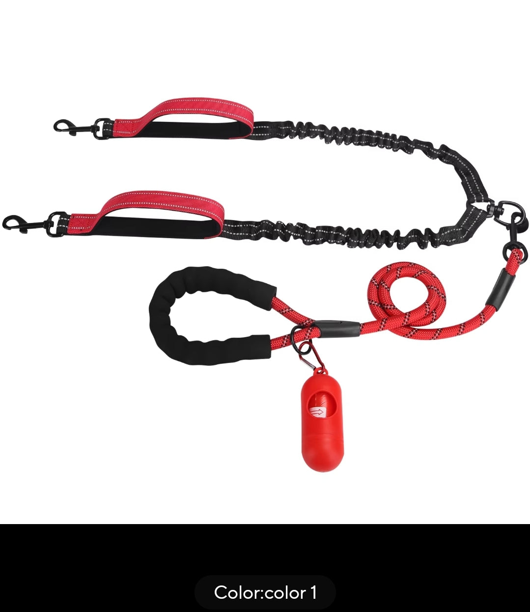 Double dog leash tangle free, bungee design, shock absorbing