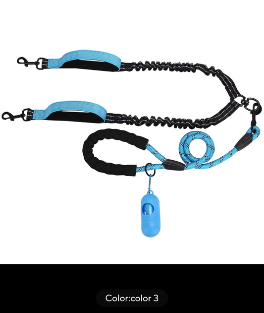 Double dog leash tangle free, bungee design, shock absorbing