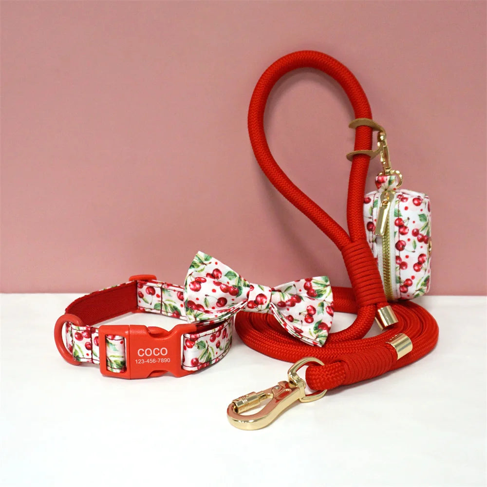 Luxury Bow Dog Collar Set | Cotton & Polyester | XS–XL | With Leash & Poop Bag
