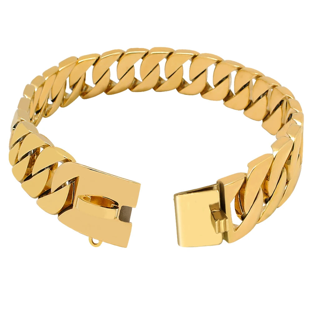 Gold Cuban Chain Dog Collar — 32mm Stainless Steel 316 Heavy Duty Collar for Large & Bully Breeds | 10 Lengths | 18K Gold