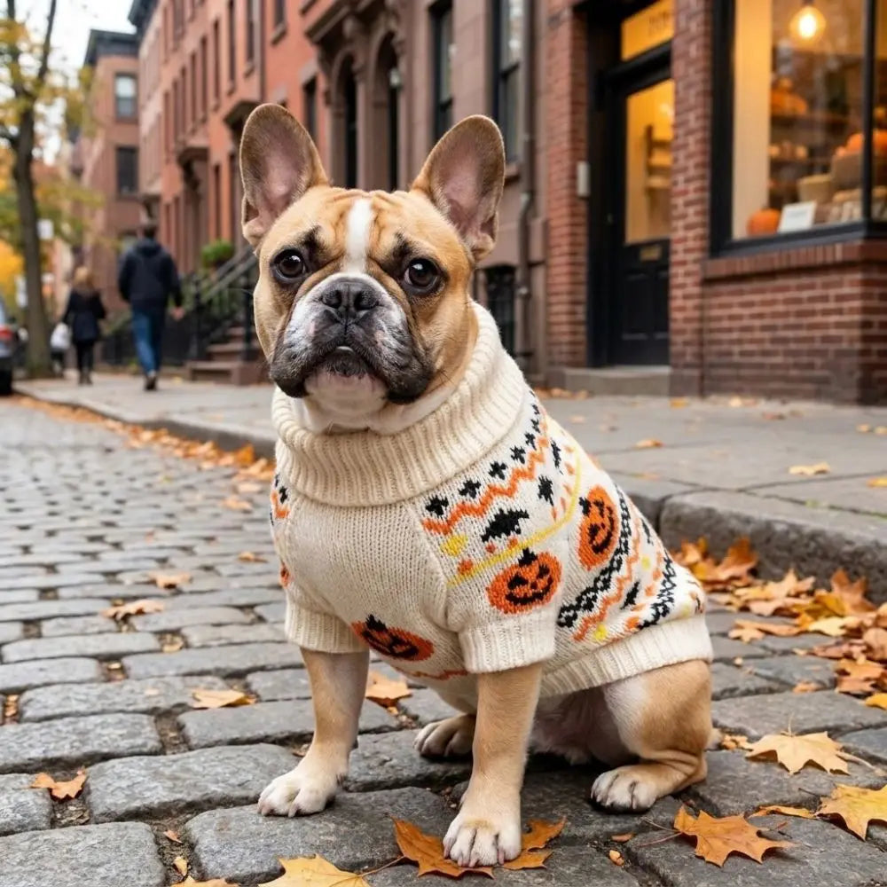Halloween Pumpkin Dog Sweater | Cozy Knit Turtleneck for Cats & Dogs XS–XL