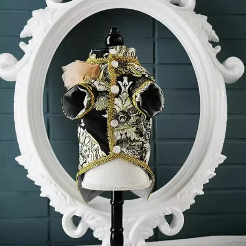 European Court Style Pet Boy Dog Clothes Luxury Black Golden Embroidery Handmade Party Suits Coats For Small Medium Dog Poodle Fashioned Furbabies