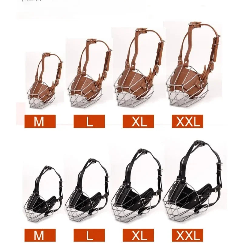 Leather & Metal Basket Dog Muzzle — Adjustable Anti-Bite Training Muzzle for Medium & Large Dogs | Brown & Black | M–XXL