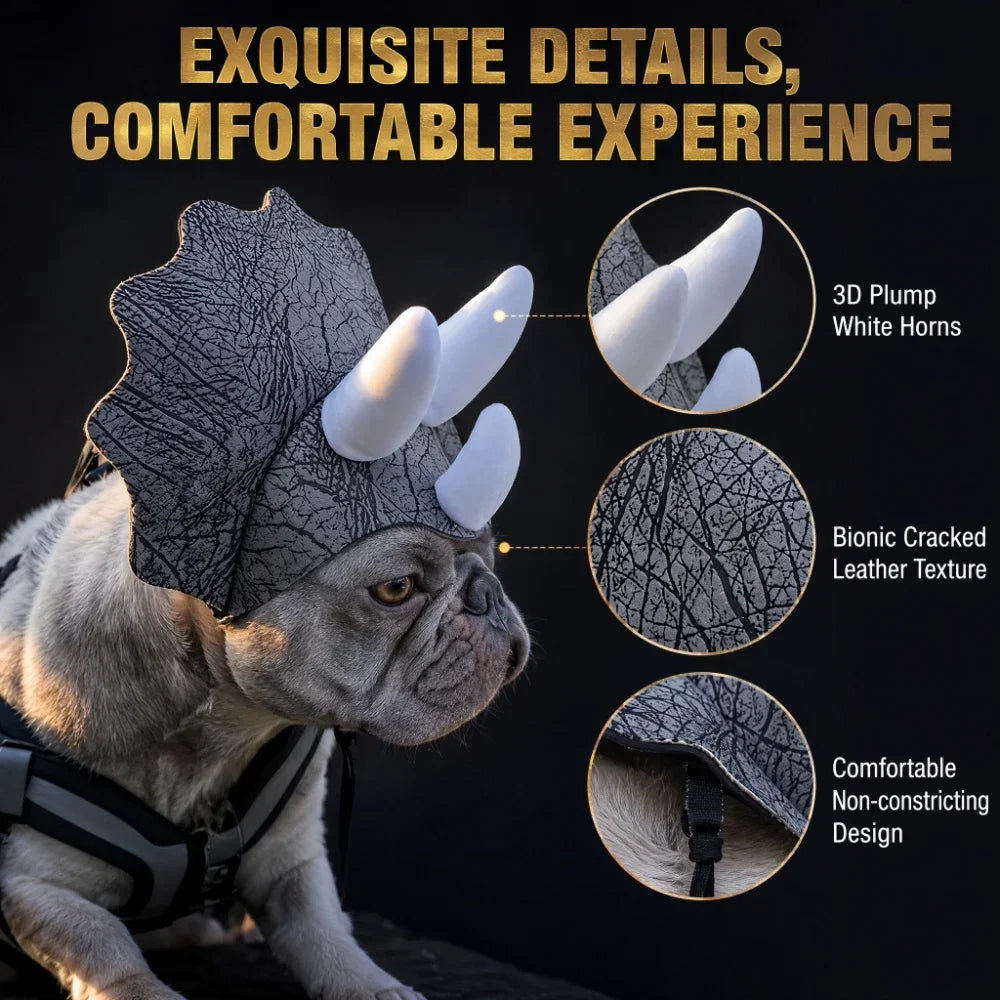 Halloween Dinosaur Dog Hat | Triceratops Headwear Costume for French Bulldogs & Small Dogs