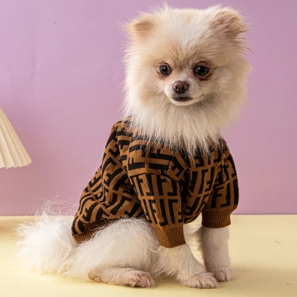 Luxury F Letter Dog Sweater — Designer-Inspired Cotton Knit for Small Dogs | XS–2XL