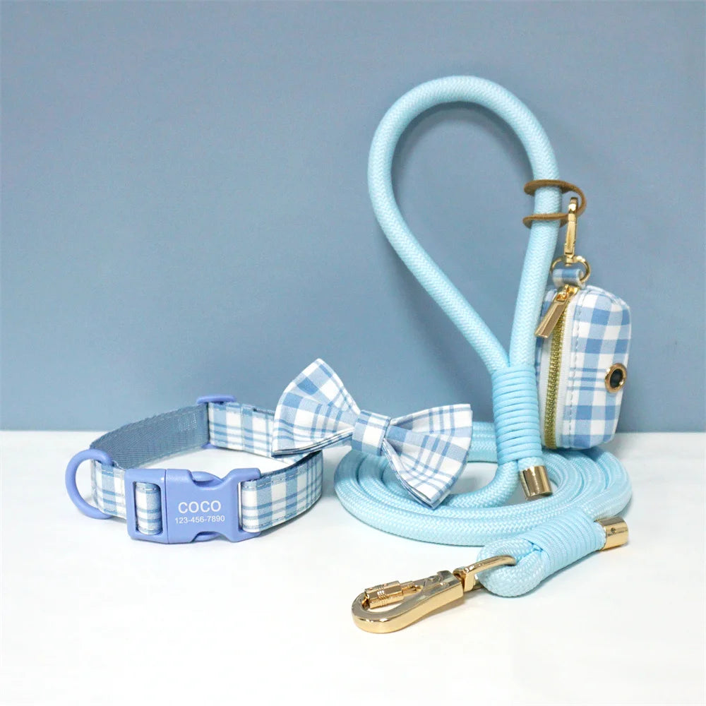Luxury Bow Dog Collar Set | Cotton & Polyester | XS–XL | With Leash & Poop Bag