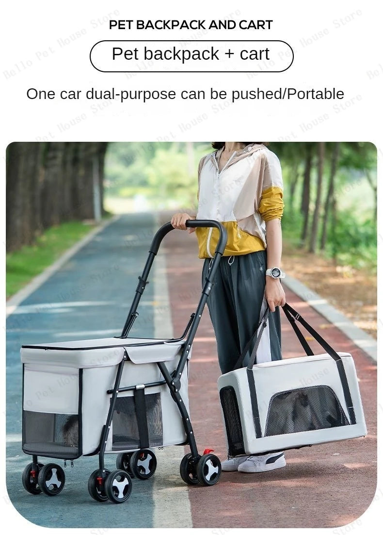 Double-Layer Foldable Pet Stroller — Lightweight Ventilated Travel Cart for Cats & Dogs | Black & Gray