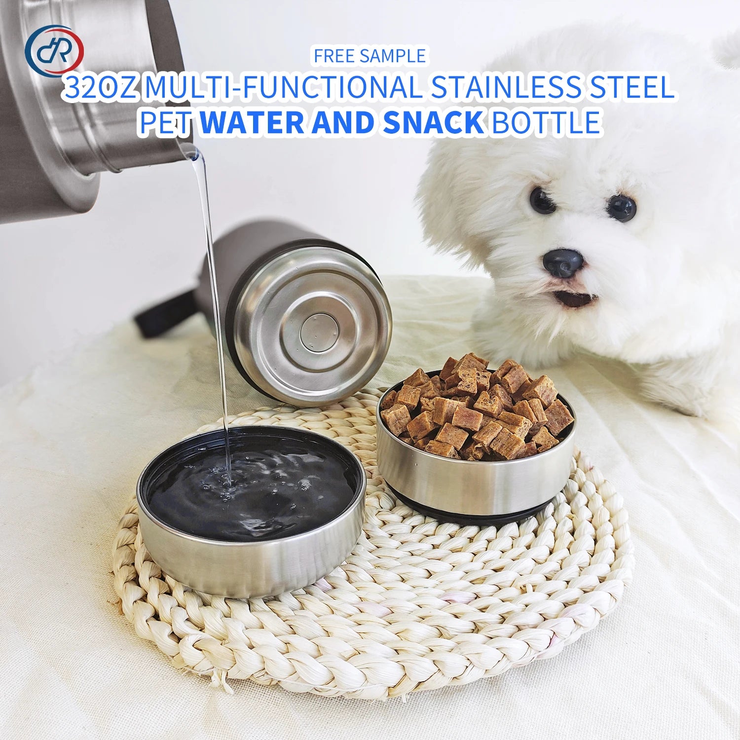 3-in-1 Insulated Dog Water Bottle with Detachable Food & Water Bowls — 32oz Stainless Steel Travel Feeder