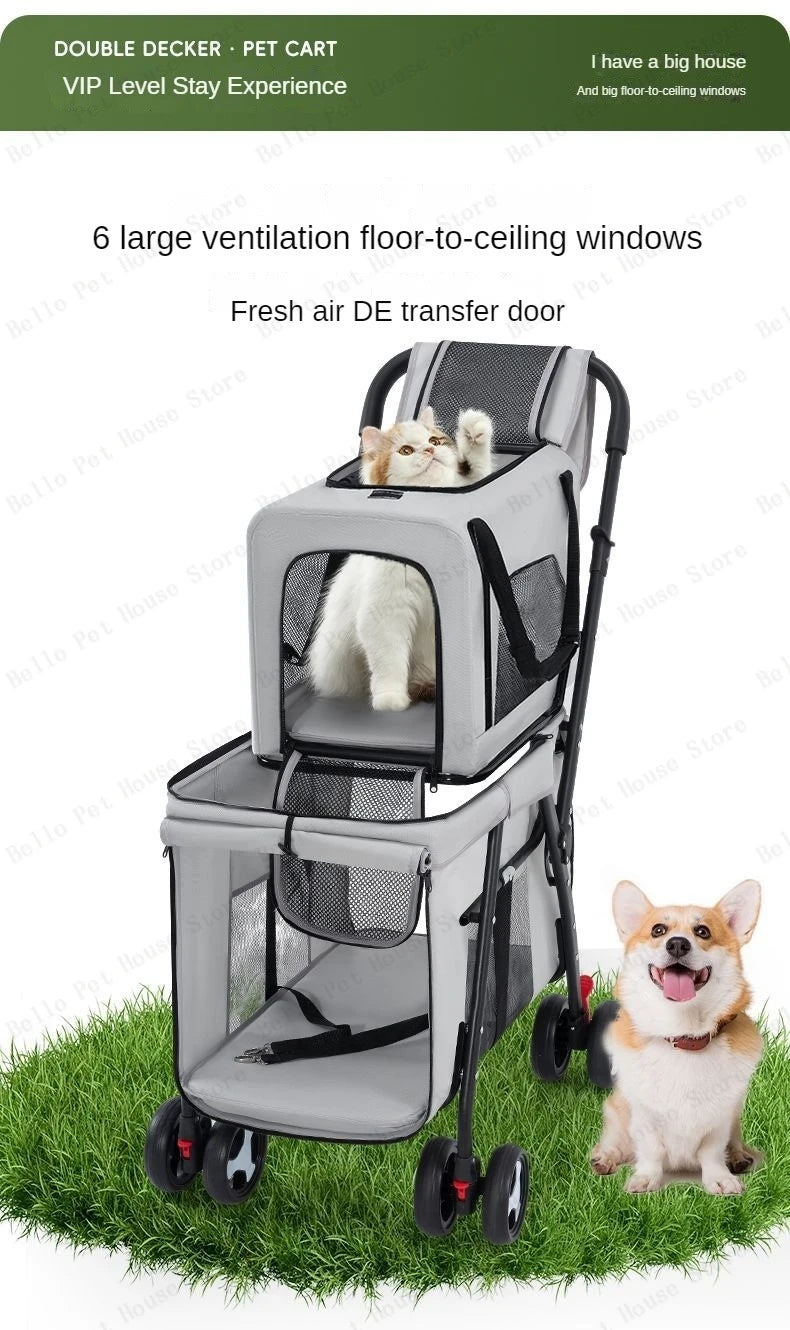 Double-Layer Foldable Pet Stroller — Lightweight Ventilated Travel Cart for Cats & Dogs | Black & Gray