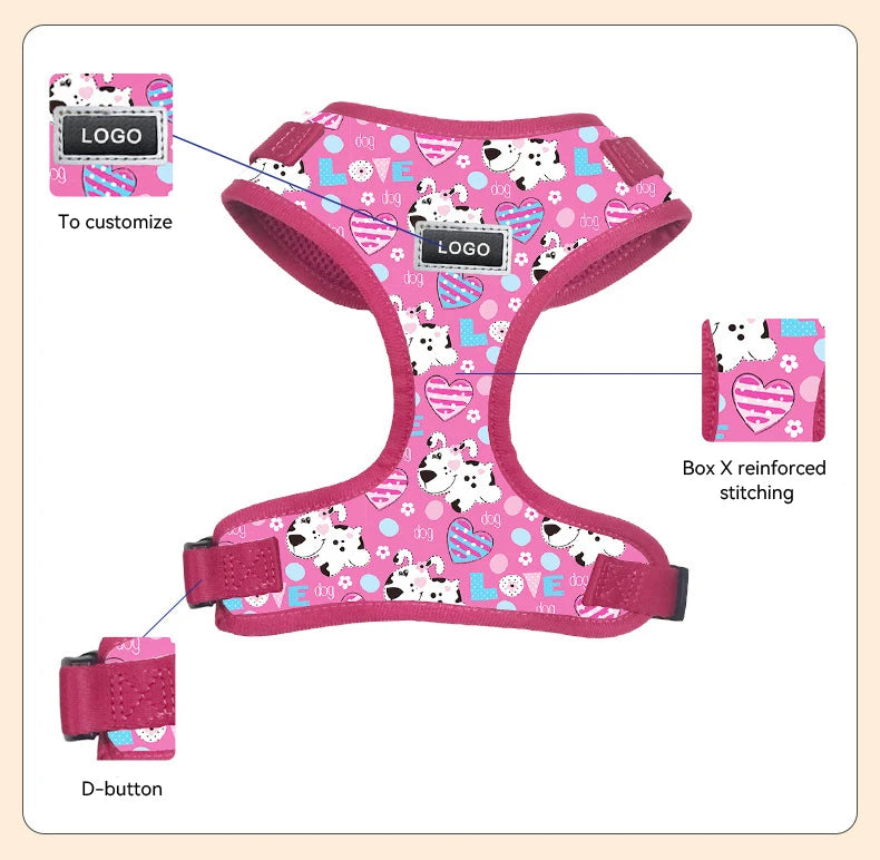 Custom Neoprene Waterproof Padded Mesh Designer Pet Bandana Neck Collar Lead Set Dog Harness Leash