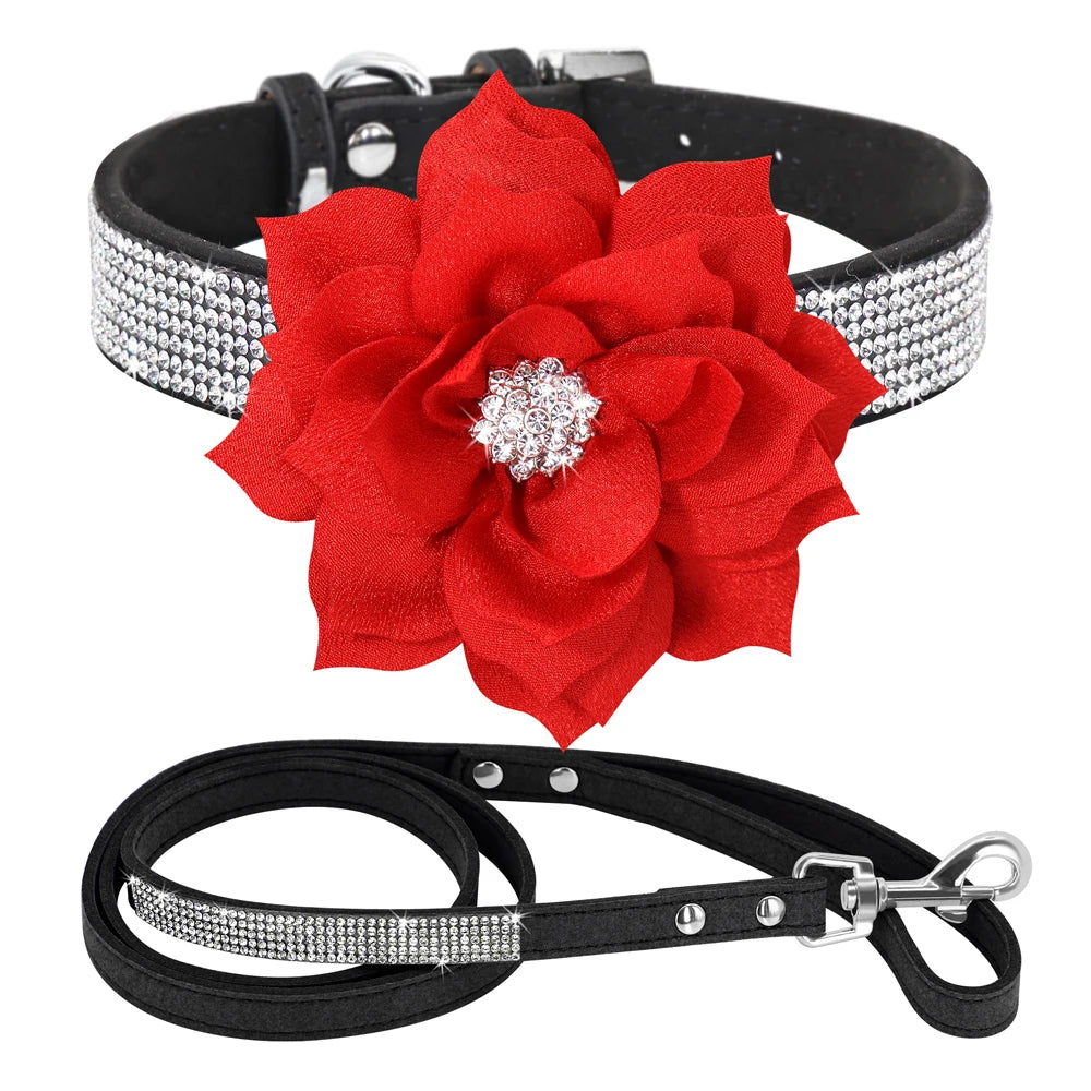 Rhinestone Dog Collar — Glitter Floral Suede Leather Collar & Optional 4ft Leash Set | Black, Blue, Pink & Purple | XS–L
