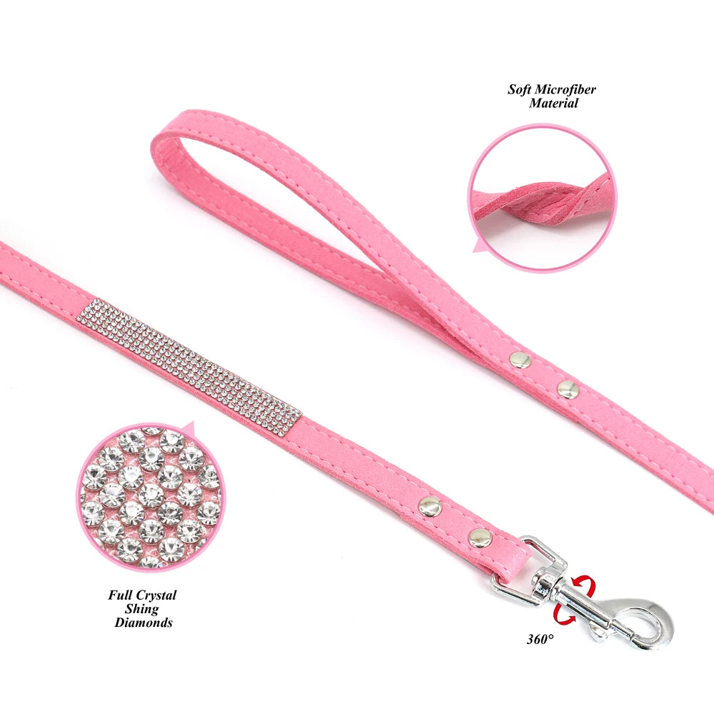 Rhinestone Dog Collar — Glitter Floral Suede Leather Collar & Optional 4ft Leash Set | Black, Blue, Pink & Purple | XS–L