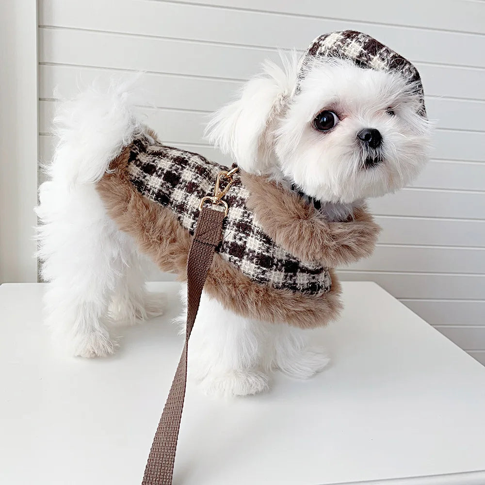 Classic Dog Winter Clothes Dog Harness Outfit For Girls Fragrant Cloak Princess Puppy Cats Chest And Back Traction For Small Dog