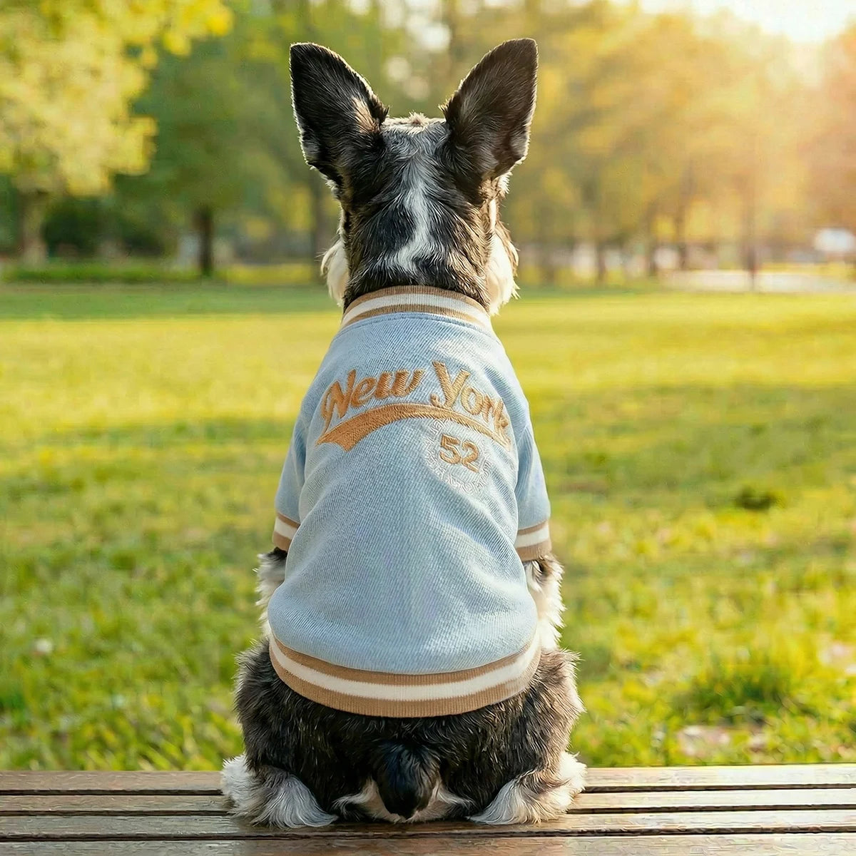 New York Denim Baseball Dog Shirt — Sporty Jean Pullover for Small Dogs | XS–XL