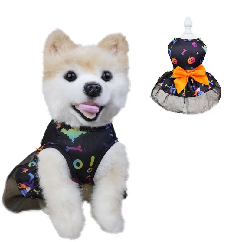 Halloween Puff Skirt for Dogs | Pumpkin & Skull Print Tutu Dress for Small & Medium Dogs S–XL