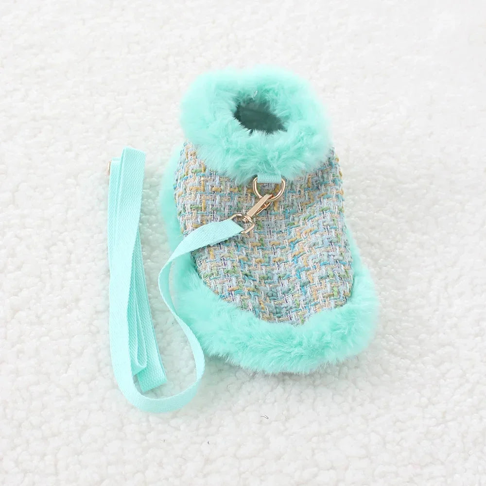 Classic Dog Winter Clothes Dog Harness Outfit For Girls Fragrant Cloak Princess Puppy Cats Chest And Back Traction For Small Dog