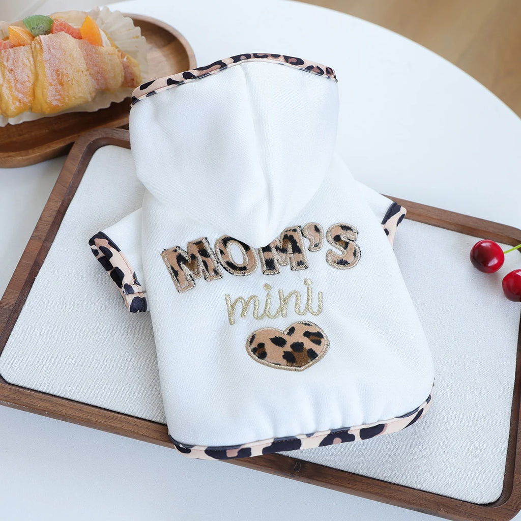 "Mom's Little Baby" Dog Hoodie Cardigan — White Leopard Print Embroidered Sweater for Small Dogs | XS–XL