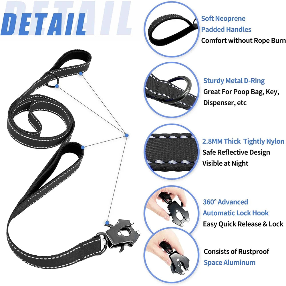 Soft Padded 2 Handle & Auto Lock Frog Clip Outdoor dog leash