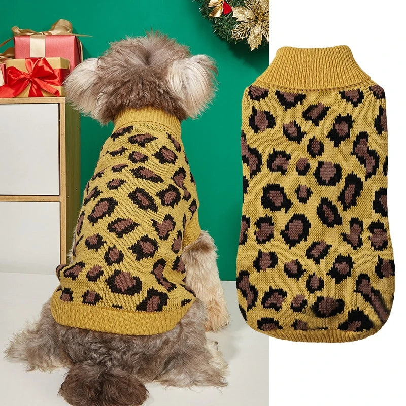 Leopard Print Dog Sweater Overalls — Soft Knit Winter Hoodie for Small Dogs & Cats | XS–L