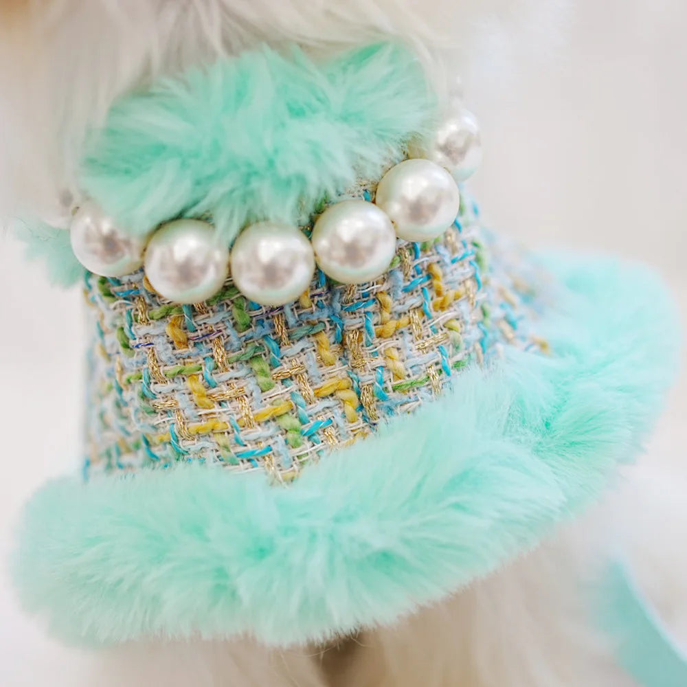 Classic Dog Winter Clothes Dog Harness Outfit For Girls Fragrant Cloak Princess Puppy Cats Chest And Back Traction For Small Dog