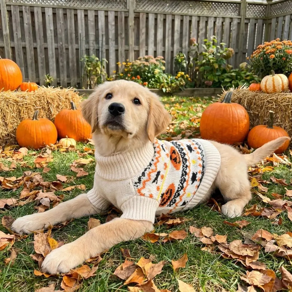 Halloween Pumpkin Dog Sweater | Cozy Knit Turtleneck for Cats & Dogs XS–XL