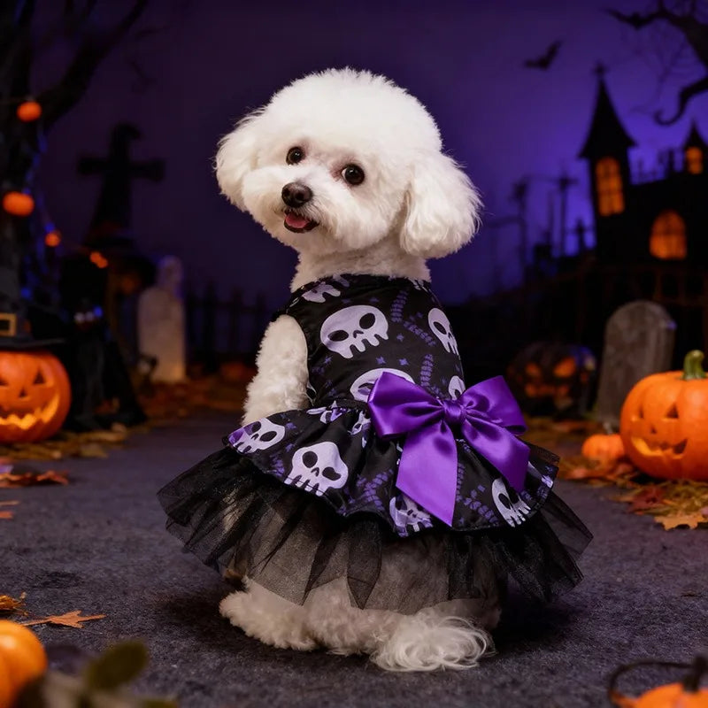 Halloween Puff Skirt for Dogs | Pumpkin & Skull Print Tutu Dress for Small & Medium Dogs S–XL