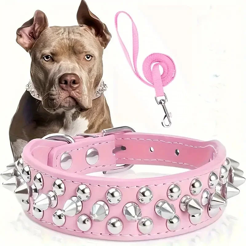 Spiked Rivet Leather Dog Collar & Leash Set | Adjustable | Outdoor Walking