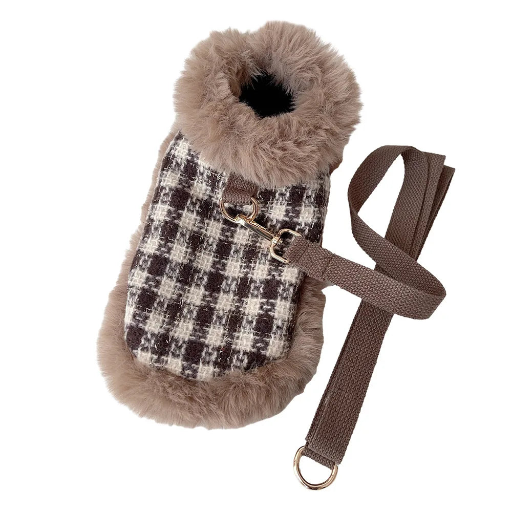 Classic Dog Winter Clothes Dog Harness Outfit For Girls Fragrant Cloak Princess Puppy Cats Chest And Back Traction For Small Dog