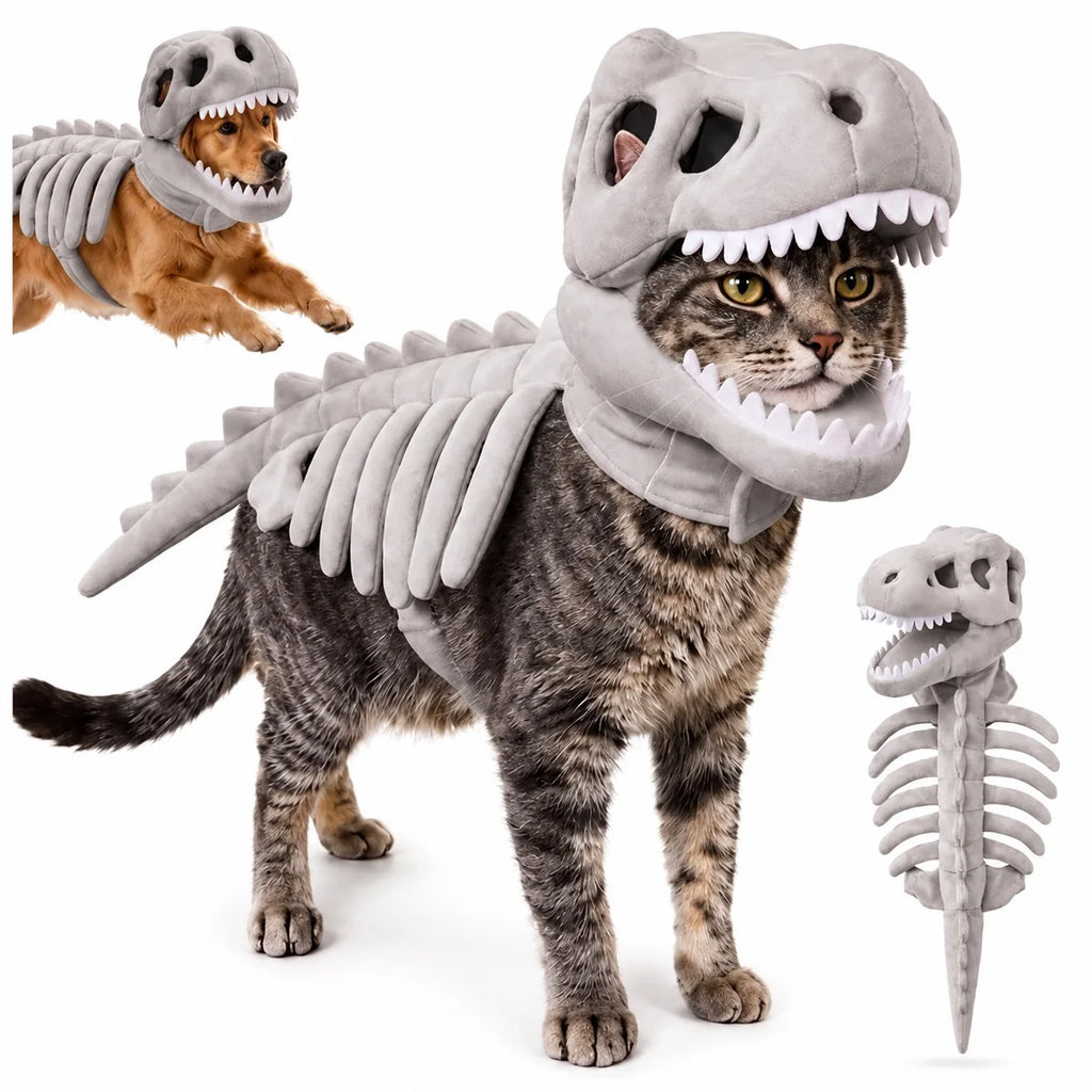 Halloween Dinosaur Skeleton Pet Costume | Plush Over-the-Head Cosplay for Dogs & Cats