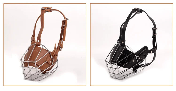 Leather & Metal Basket Dog Muzzle — Adjustable Anti-Bite Training Muzzle for Medium & Large Dogs | Brown & Black | M–XXL