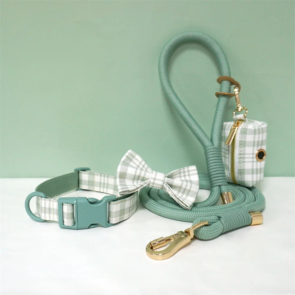 Luxury Bow Dog Collar Set | Cotton & Polyester | XS–XL | With Leash & Poop Bag