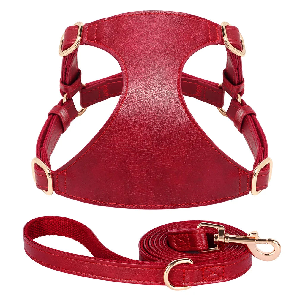 Soft Genuine Leather Dog Harness Leash Set Small Medium Dogs Cats Harness Vest For Chihuahua French Bulldog Walking Training Fashioned Furbabies