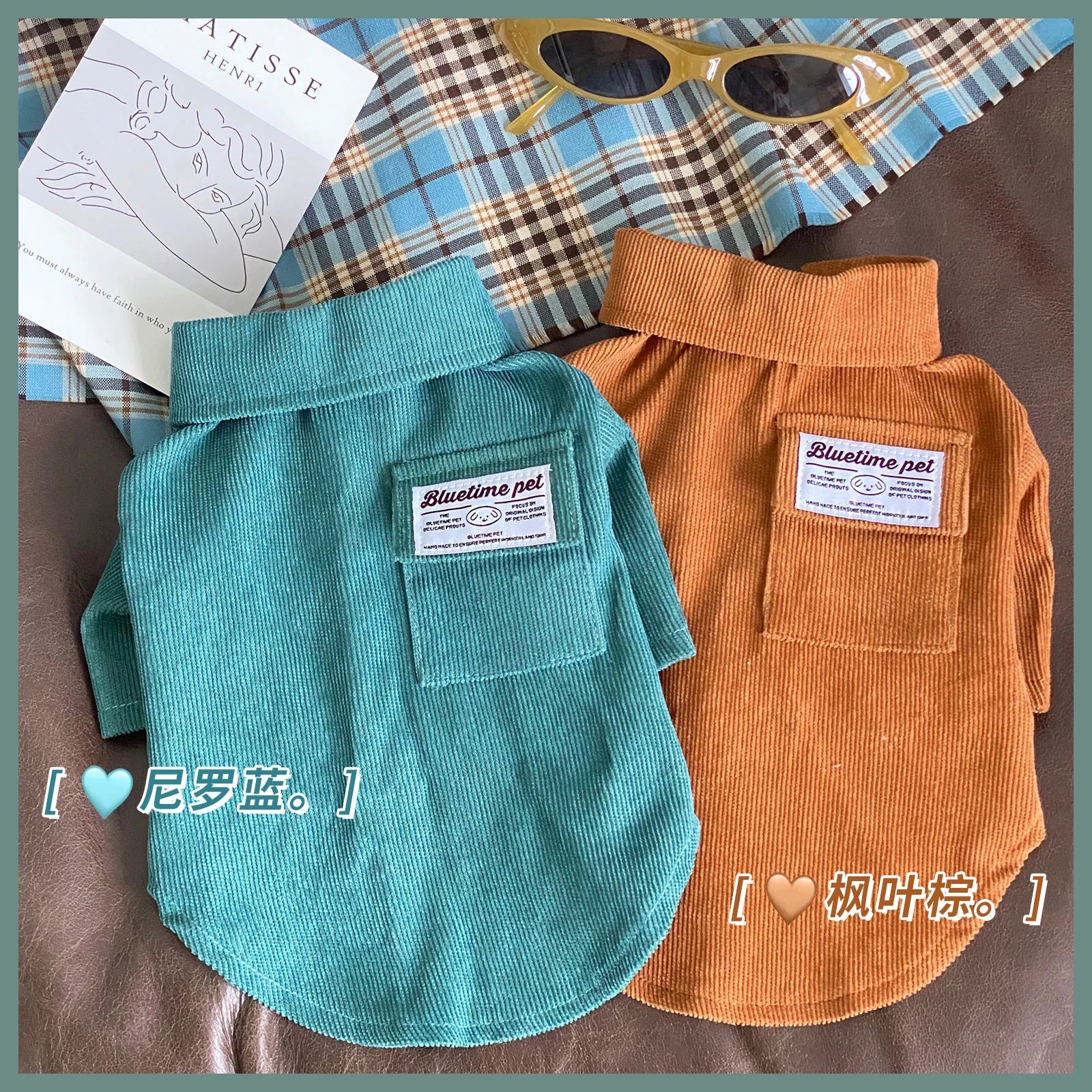 Autumn Pet Dog Clothes Retro Blue Brown Pure Shirts With Tie For Small Medium Dogs Poodle Schnauzer Male Dog T-shirt Coats Fashioned Furbabies