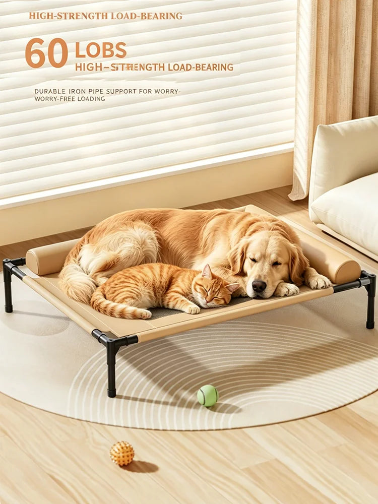 Elevated Cooling Mesh Pet Cot Bed with Neck Pillow — Breathable Four-Season Bed for Dogs & Cats | M & L | 3 Colors