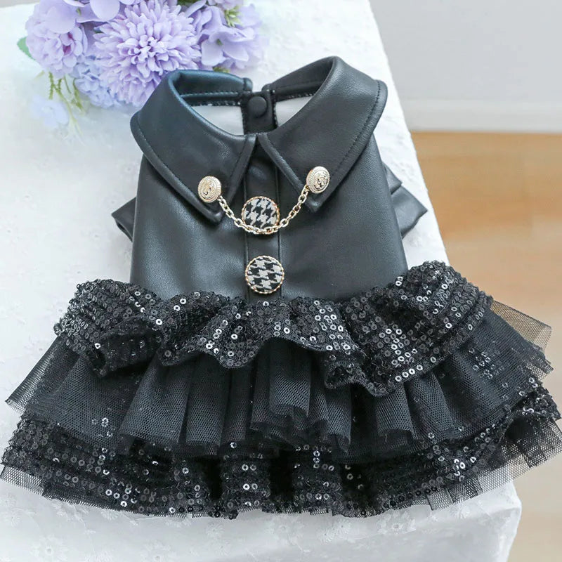 Dog Clothes Autumn Winter Luxury Black PU Leather Dog Coat Clothing For Small Dogs Chihuahua Sequins Tulle Skirt Coats Jacket XS Fashioned Furbabies