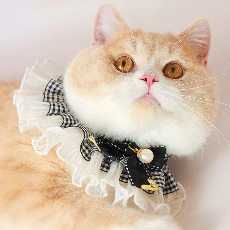 Pet Dog Accessories Cute Puppy Cat Collars Black White Lace Pearl Bow Bibs For Small Medium Dog Jewelry Supplies Chihuahua Teddy Fashioned Furbabies