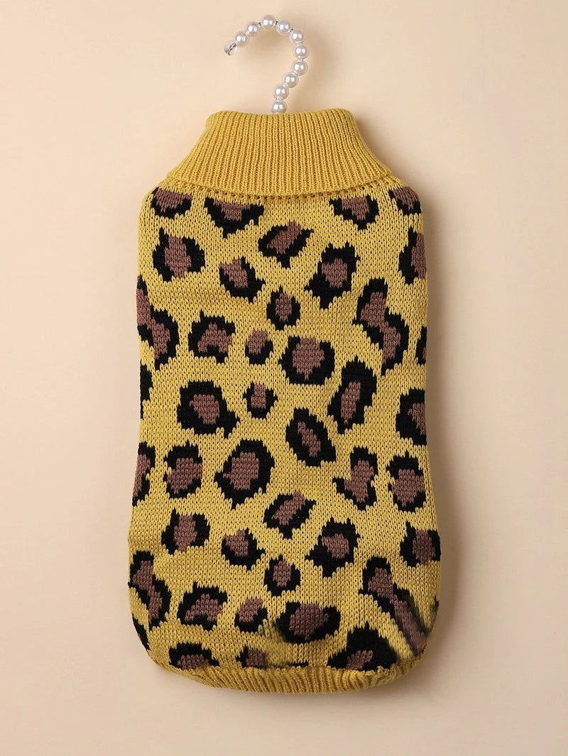 Leopard Print Dog Sweater Overalls — Soft Knit Winter Hoodie for Small Dogs & Cats | XS–L