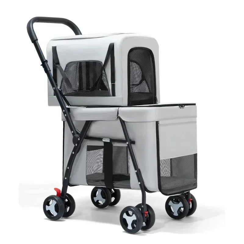 Double-Layer Foldable Pet Stroller — Lightweight Ventilated Travel Cart for Cats & Dogs | Black & Gray