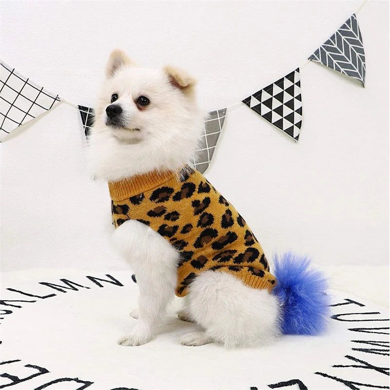 Leopard Print Dog Sweater Overalls — Soft Knit Winter Hoodie for Small Dogs & Cats | XS–L