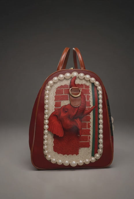 Waterproof Travel Bag — Elegant Black & Red Rose Pearl Duffle. (no raised pearls )￼