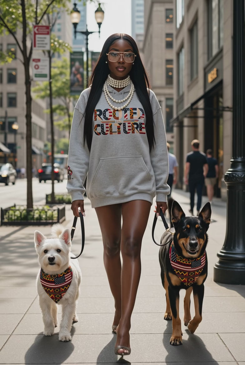 Black Graphic Hoodie — "Rooted in Culture" African Kente Inspired and USA pattern Pullover
