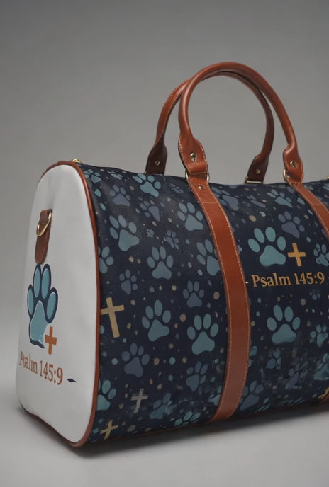Christian Paw Print Waterproof Weekender Bag — Psalm 145:9 Faith & Fur Travel Duffel