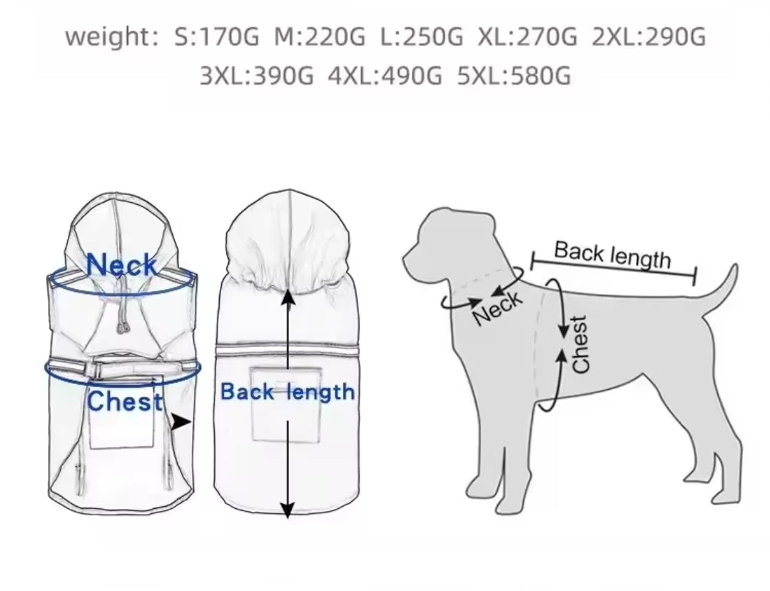 Waterproof hooded rain jackets for medium to large dogs.