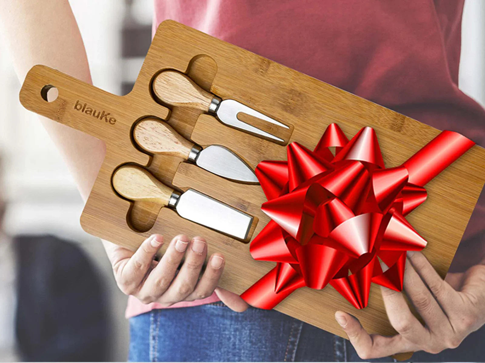 Bamboo Cheese Board and Knife Set - 12x8 inch Charcuterie Board with Magnetic Cutlery Storage - Wood Serving Tray with Handle BlauKe